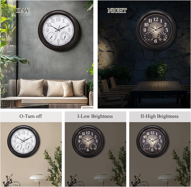 NESIFEE 18 Inch Illuminated Indoor Outdoor Clock Waterproof with Thermometer Hygrometer Smart Sensor Large Black Metal Wall Clocks Battery Operated for Patio, Garden, Living Room, Bedroom, Pool, Porch - Image 4
